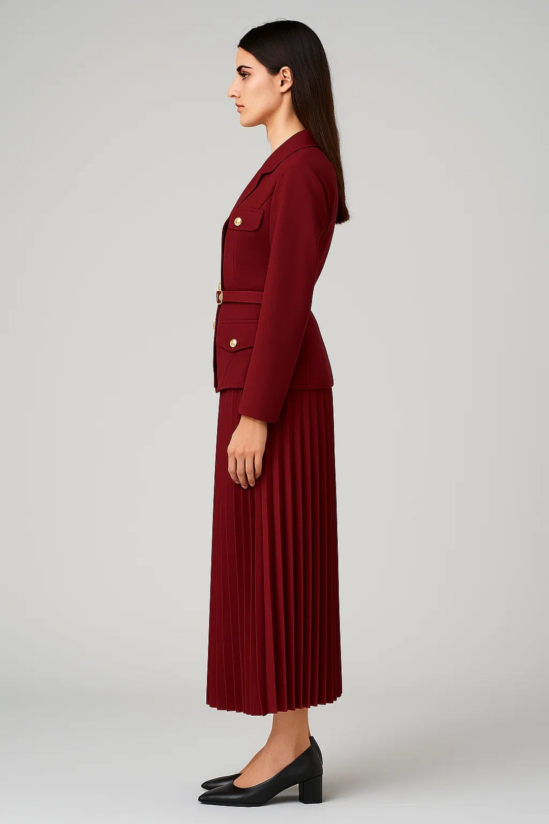 Elegant white women's suit by Lumina Wear featuring a double-breasted blazer and pleated skirt, stylish and sophisticated.
