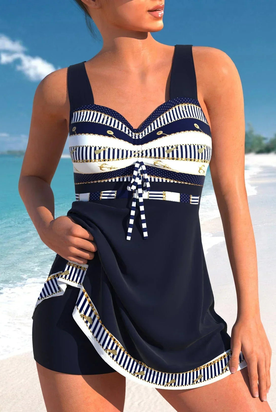 Victoria Lumina maxi swim dress featuring a flattering fit and decorative neckline, perfect for stylish beach or poolside wear.