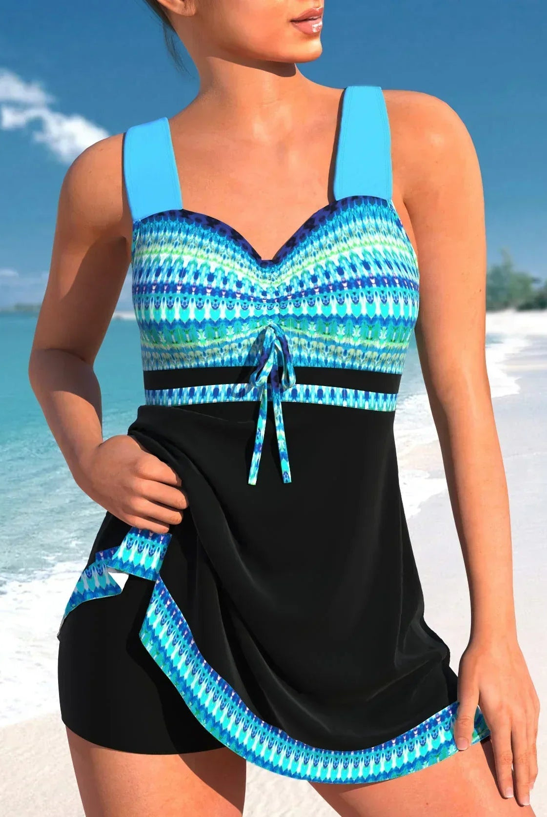 Victoria Lumina maxi swim dress with decorative neckline, featuring flattering fit and stylish design for elegant beachwear.