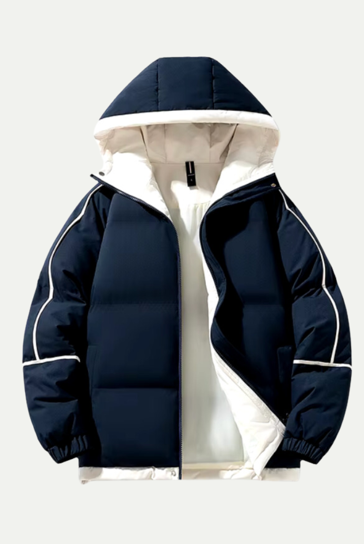 Lumina Wear Victoria insulated hooded puffer parka with relaxed fit, black exterior, and cozy hood for winter warmth.