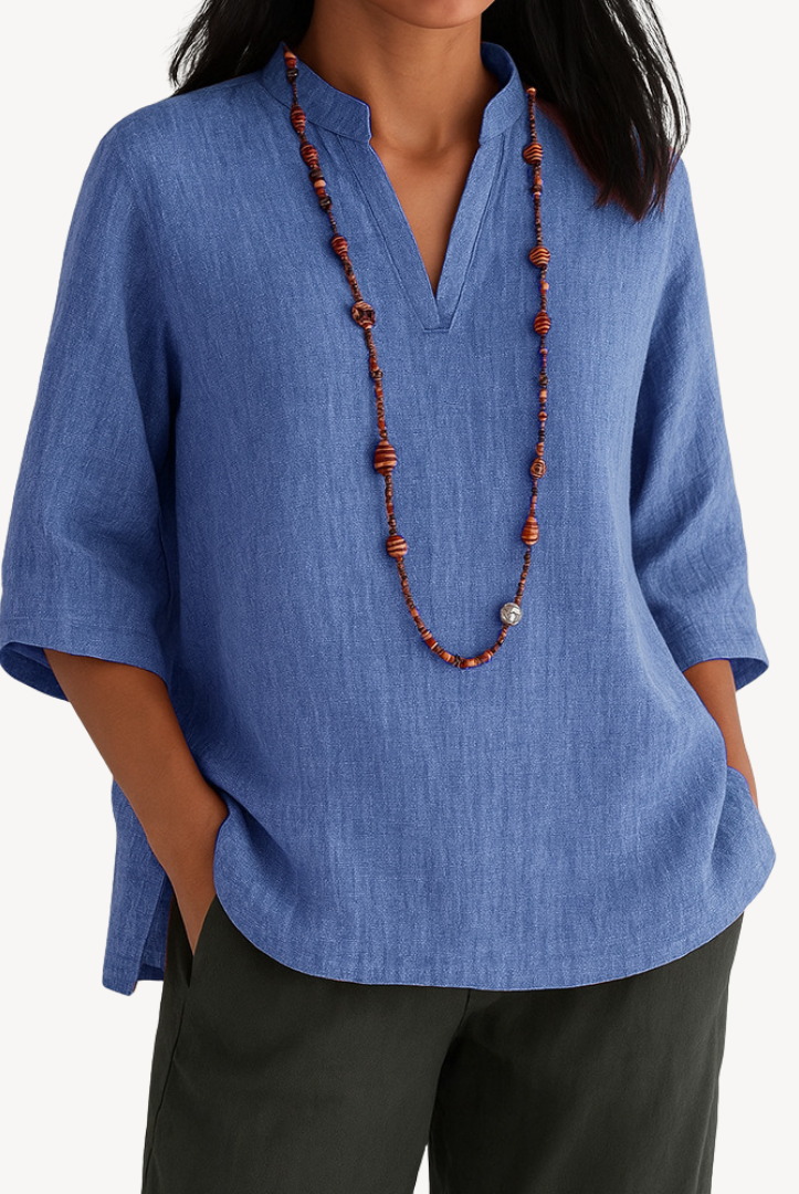 Victoria linen tunic top by Lumina Wear featuring a relaxed fit and minimalist design, shown in soft, breathable fabric.