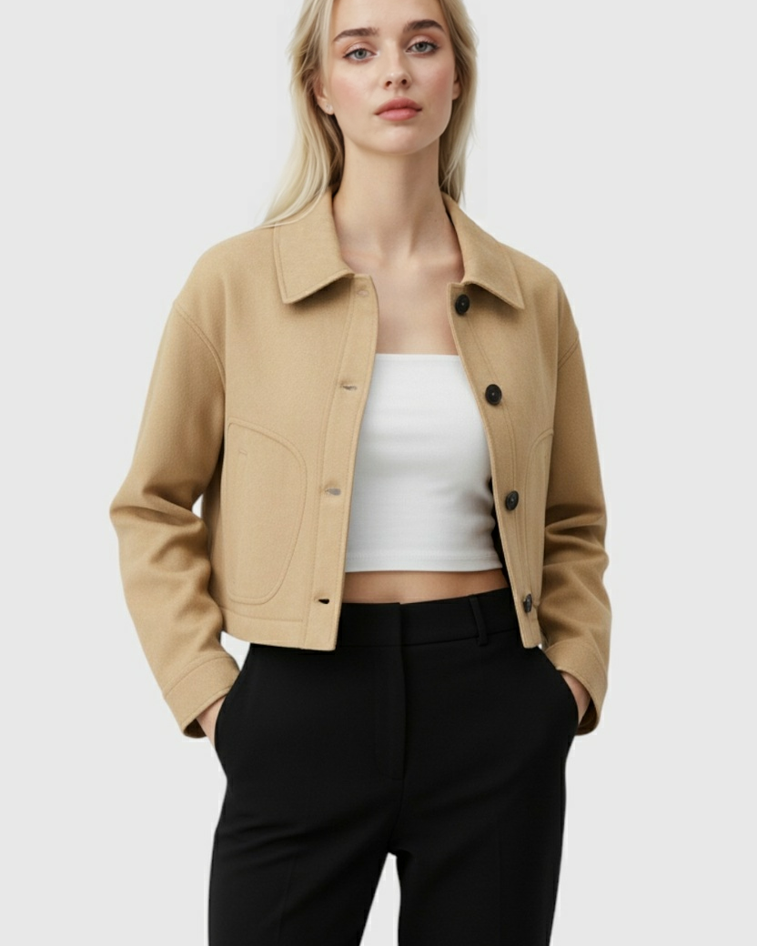 Victoria retro-inspired short jacket with button closure by Lumina Wear, shown in stylish design and fabric detail.