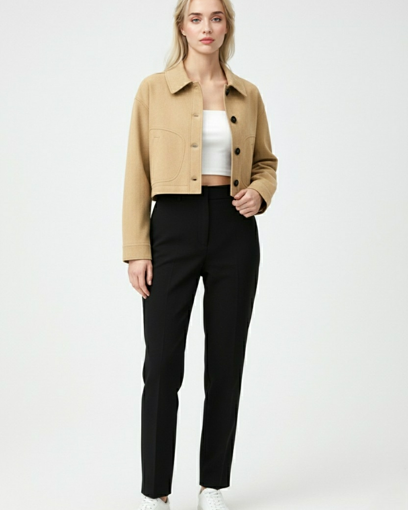 Victoria Lumina retro-inspired short jacket with button closure, featuring stylish design and lightweight fabric.