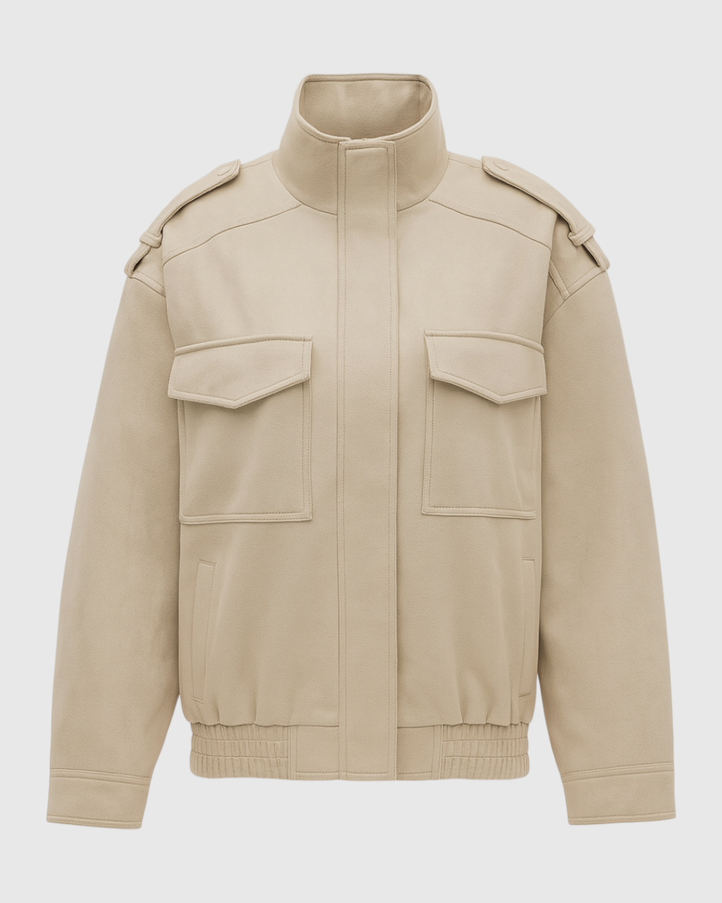 Beige Victoria bomber jacket with stand collar by Lumina Wear, stylish and lightweight for a modern casual look.