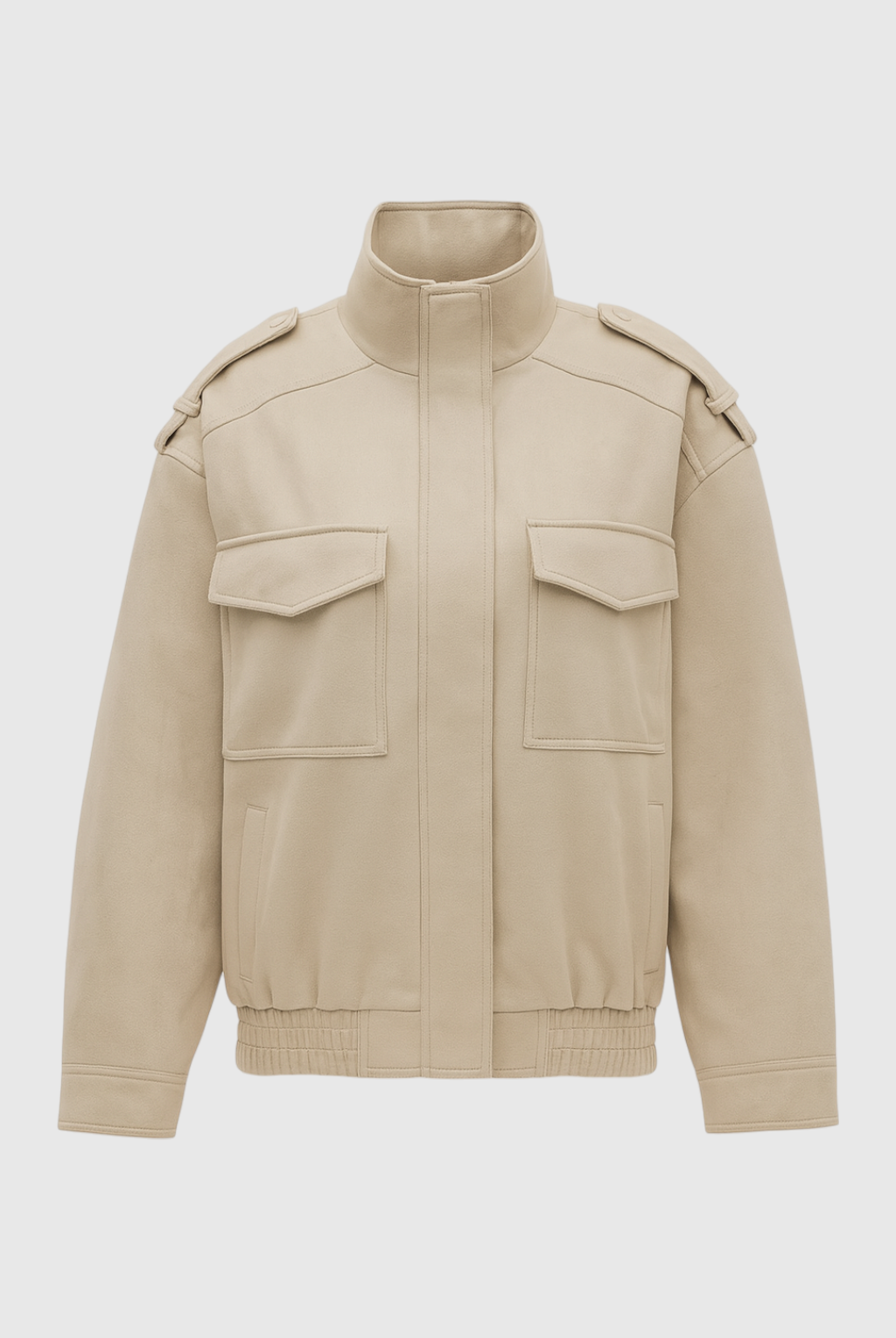 Beige Lumina Wear Victoria bomber jacket with stand collar, stylish and lightweight, perfect for casual and trendy outfits.