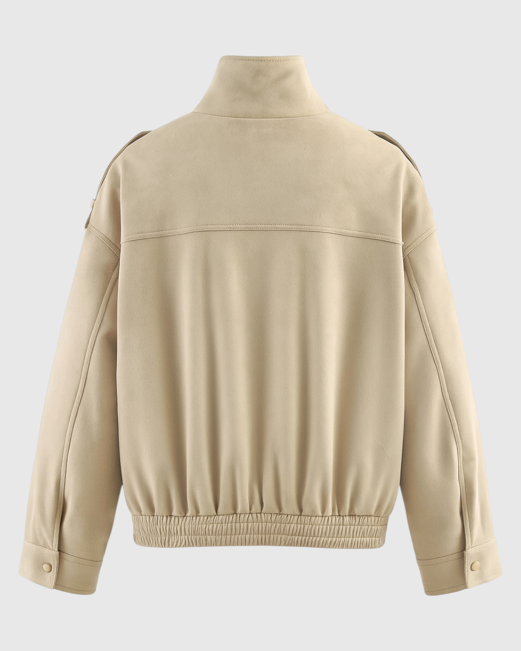 Beige Lumina Wear Victoria bomber jacket with stand collar, stylish lightweight design, perfect for casual outdoor wear.