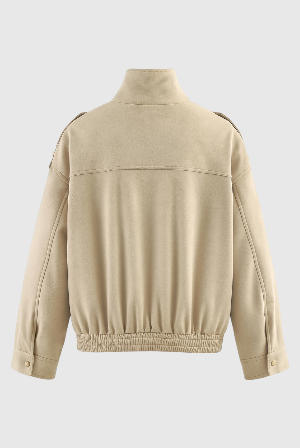 Beige Lumina Wear Victoria bomber jacket with stand collar, stylish casual outerwear for women, front zipper and ribbed cuffs.