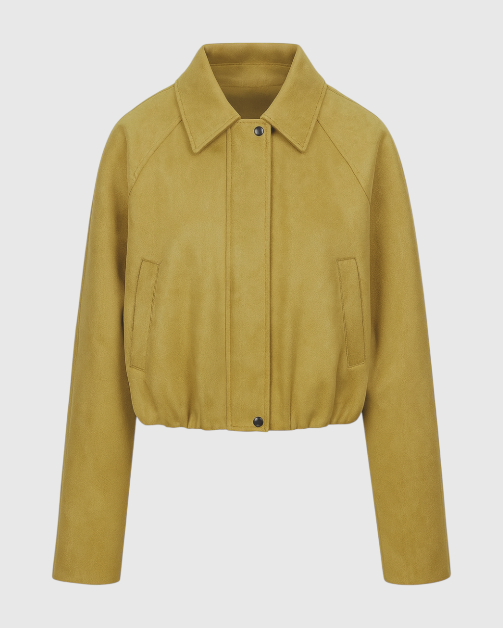 Bright yellow Lumina Wear Victoria bomber jacket with trendy details, showcasing a stylish lightweight jacket for casual wear.