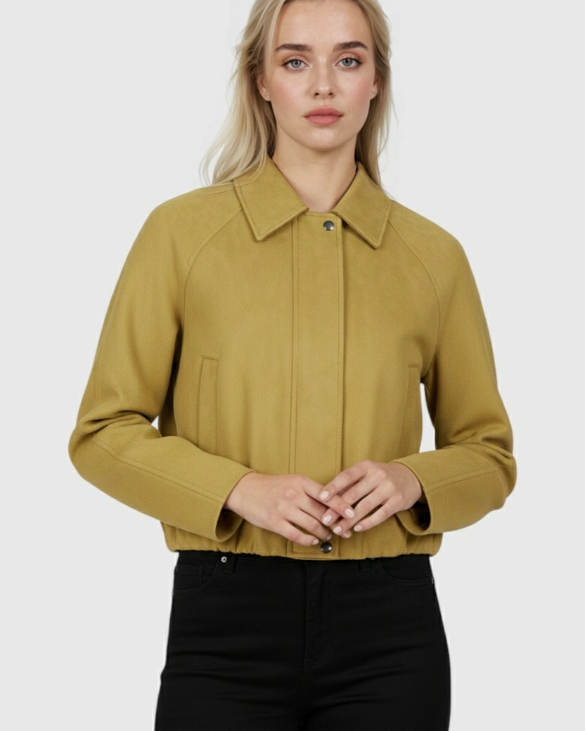 Bright yellow Victoria bomber jacket by Lumina Wear featuring trendy details and a stylish fit.