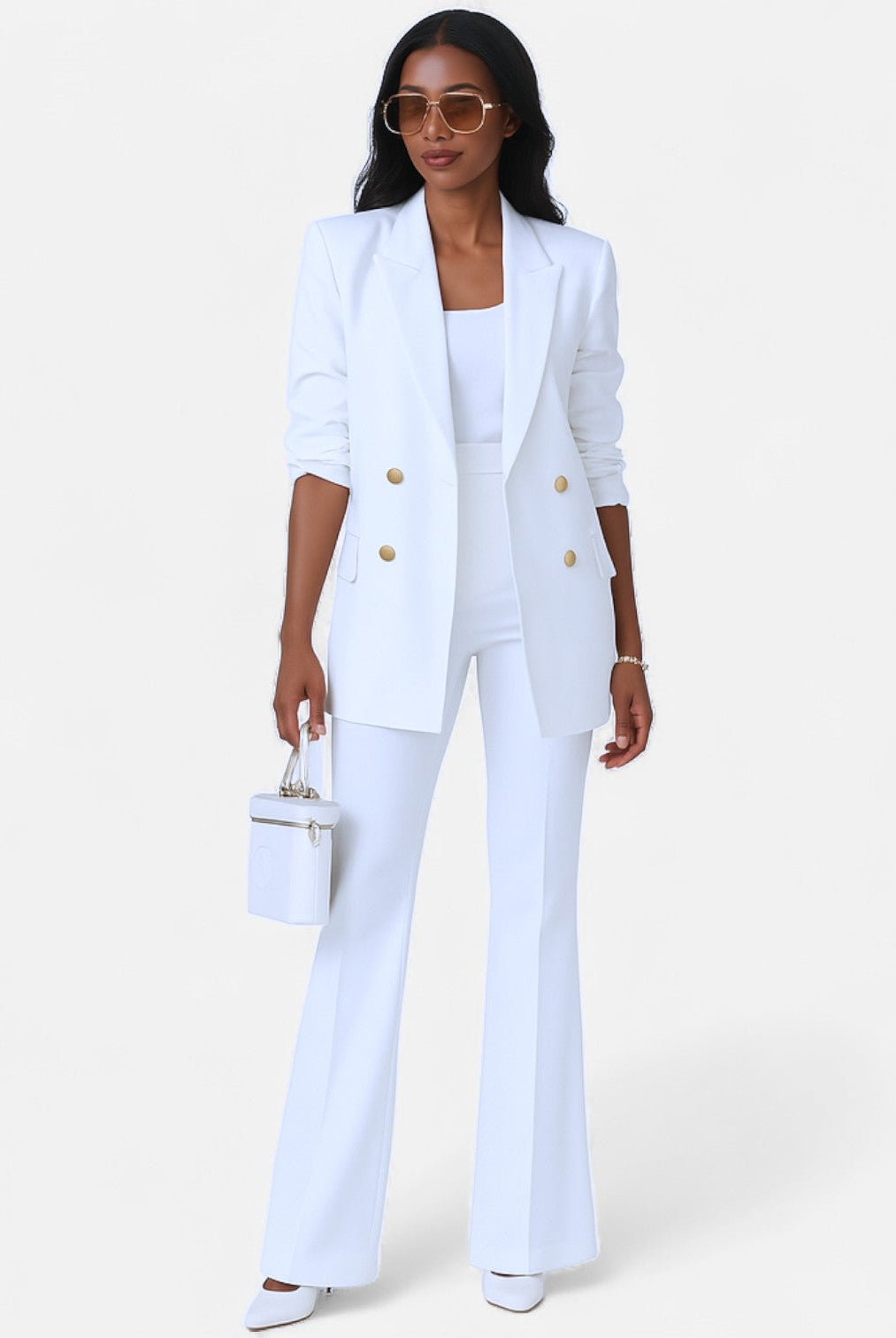 Victoria Lumina women's tailored double-breasted blazer and pants set with an elegant, sophisticated design.