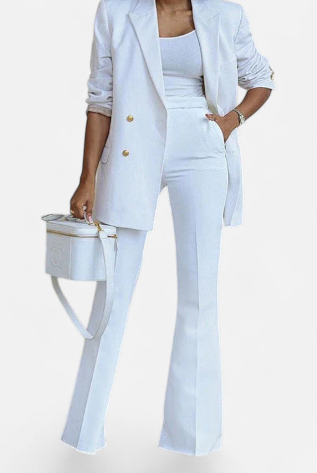 Lumina Wear Victoria women's tailored double-breasted blazer and pants set with an elegant, sophisticated design.