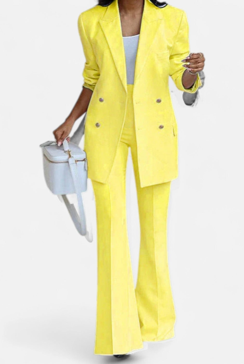 Lumina Wear Victoria women's tailored double-breasted blazer and pants suit with elegant design, stylish and sophisticated office attire.