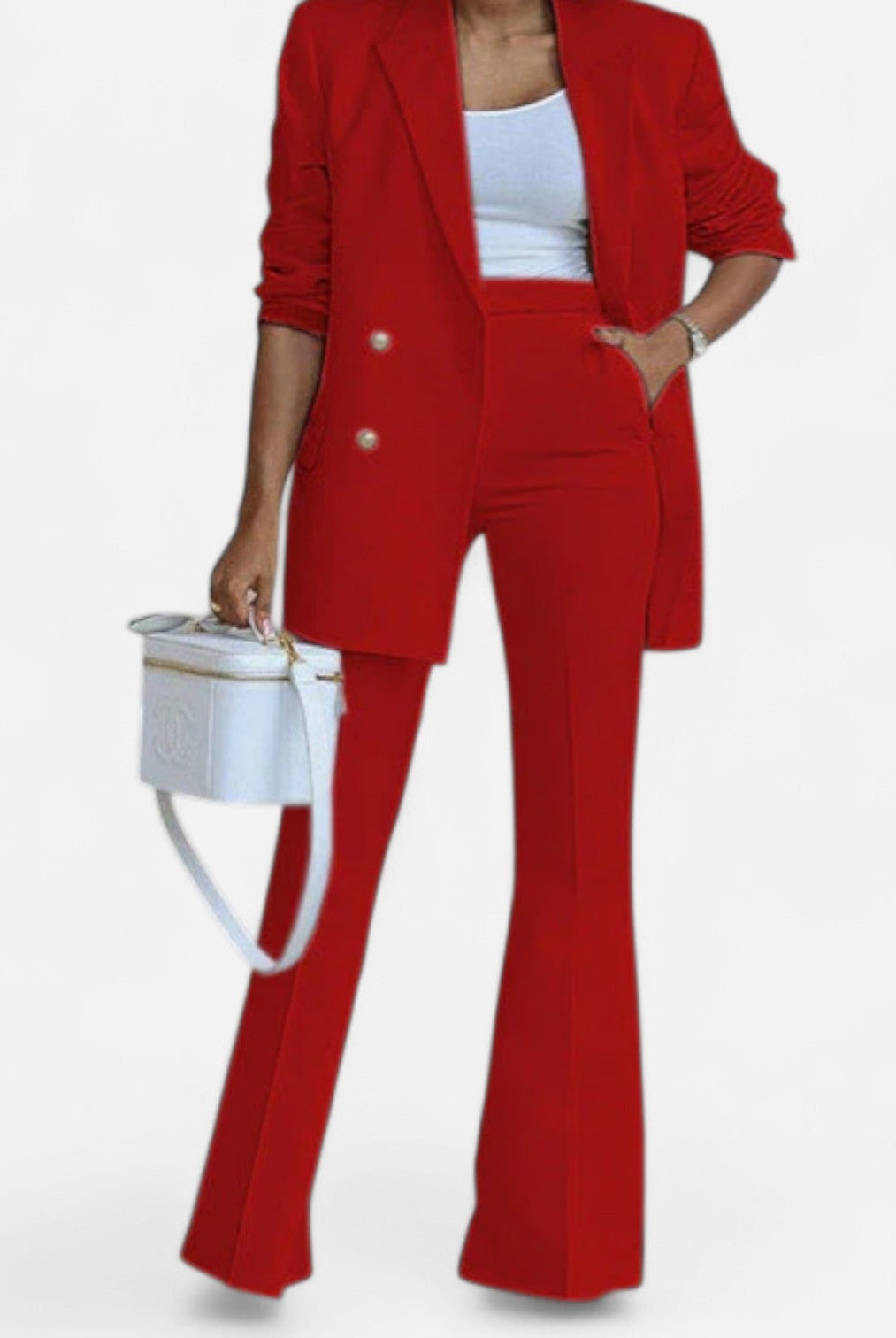 Elegant women’s tailored double-breasted blazer and pants set by Lumina Wear, featuring a sophisticated design and structured fit.