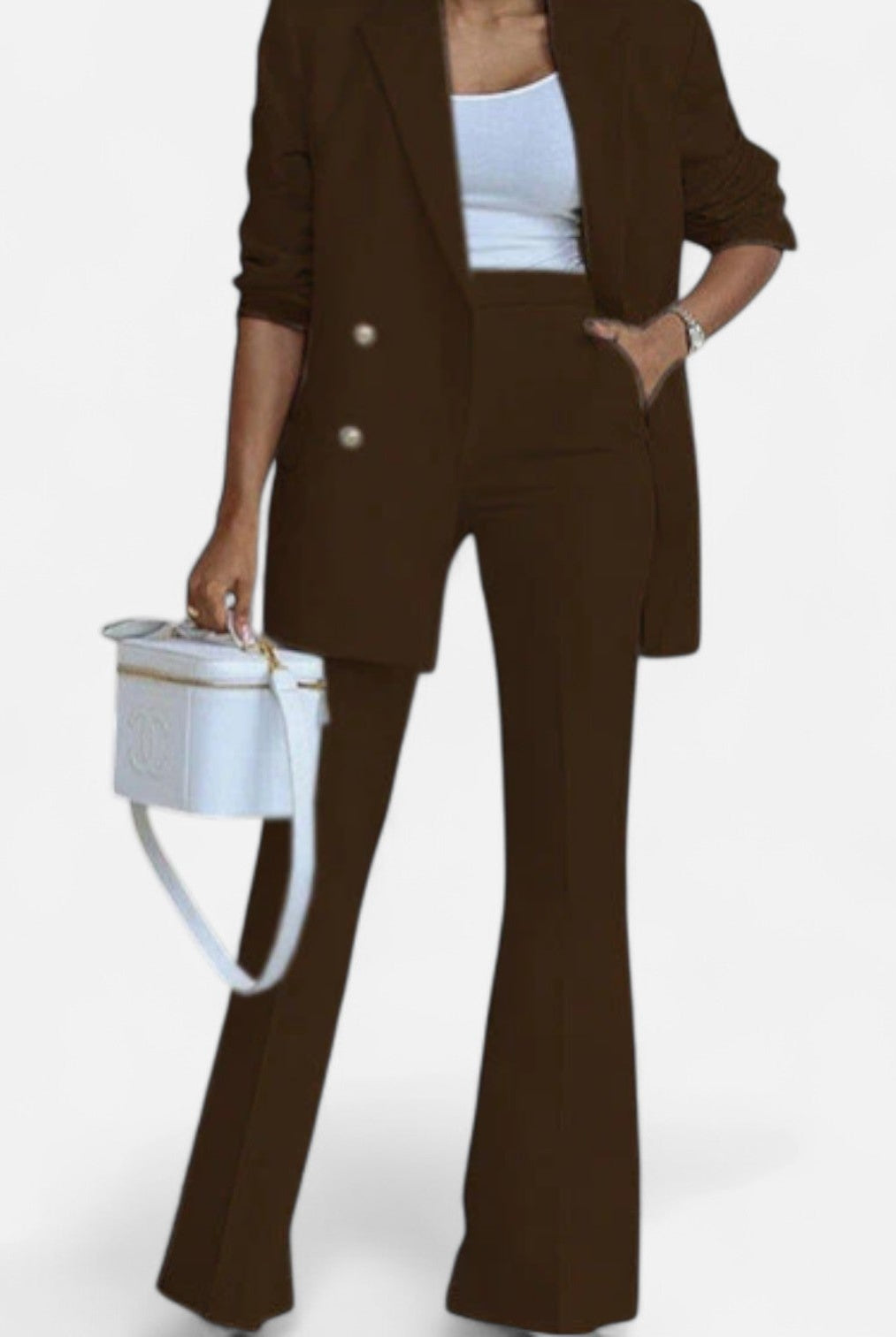 Lumina Wear women's Victoria tailored double-breasted blazer and matching pants set, elegant and sophisticated clothing ensemble.