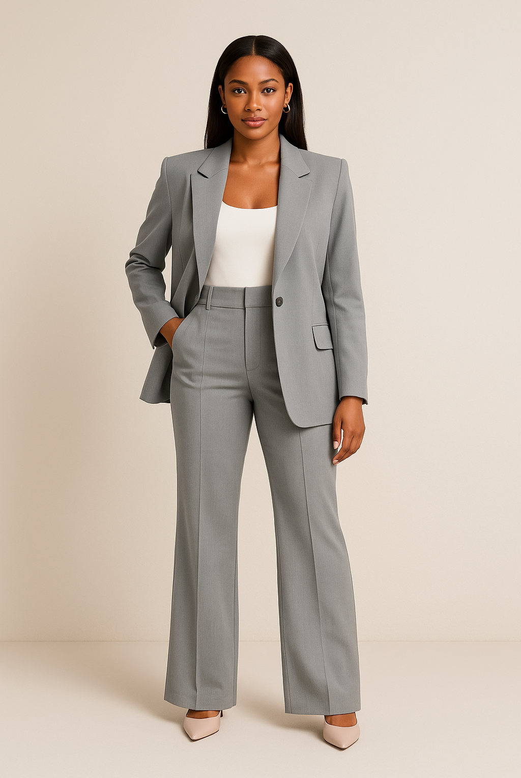 Victoria Lumina Wear tailored fit pants suit set featuring a modern, elegant design with structured blazer and matching trousers.