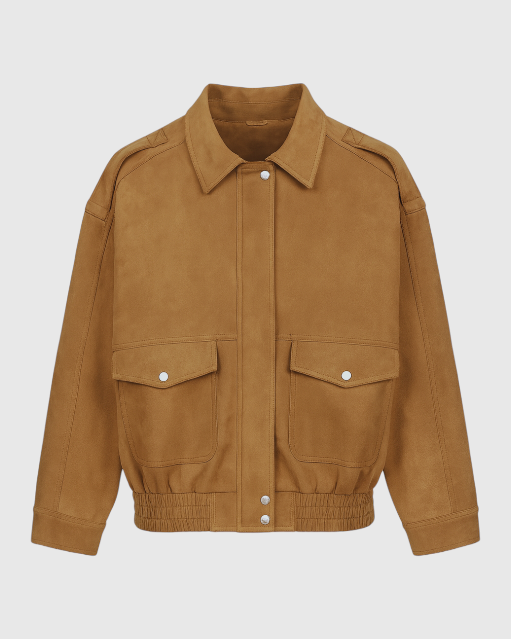 Trendy brown suede bomber jacket by Lumina Wear featuring a stylish fit and timeless appeal, displayed on a hanger.