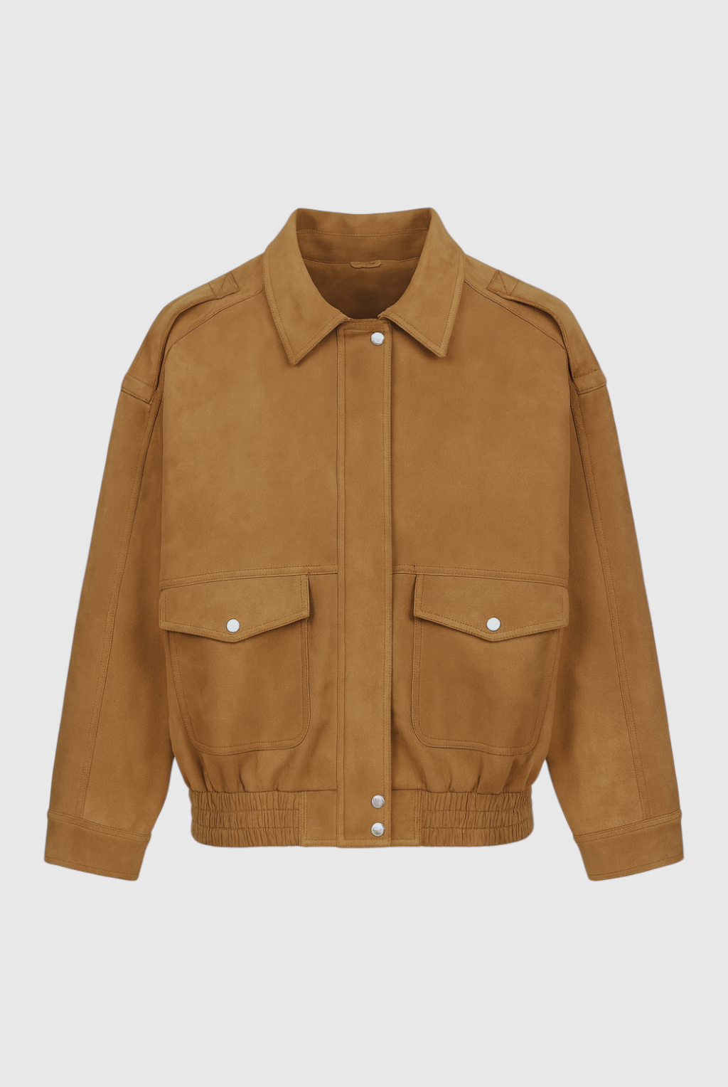 Trendy brown suede bomber jacket by Lumina Wear, featuring a stylish design and timeless appeal, displayed on a hanger.