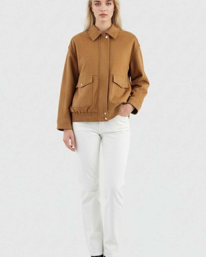 Lumina Wear Victoria brown suede bomber jacket with stylish design and timeless appeal, shown on a model.