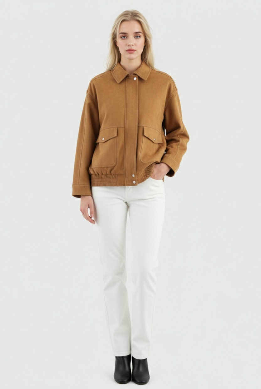 Trendy brown suede bomber jacket from Lumina Wear, featuring a classic fit and stylish design, perfect for casual wear.