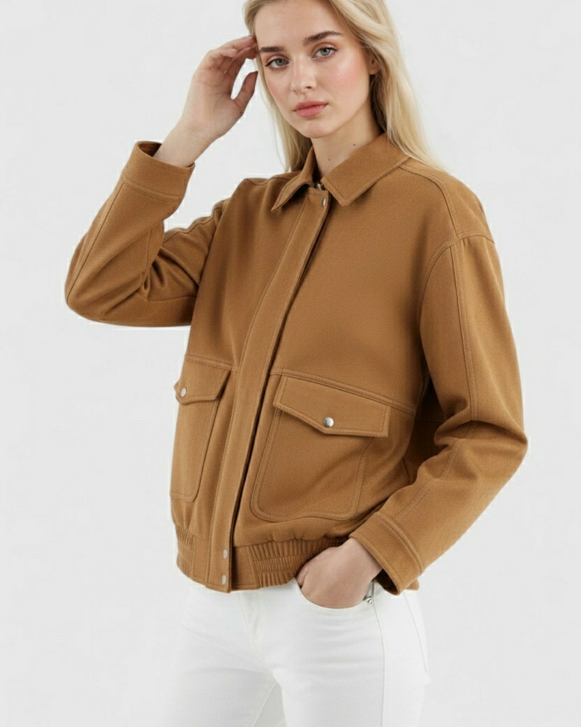 Lumina Wear Victoria brown suede bomber jacket, stylish and trendy with a timeless appeal, shown on a model.