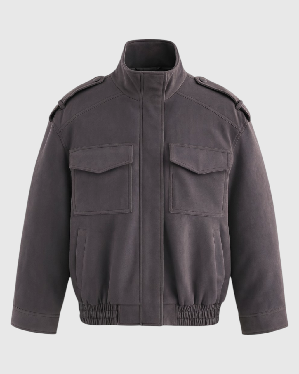 Dark gray Victoria bomber jacket by Lumina Wear with stand collar, stylish and trendy for casual wear.