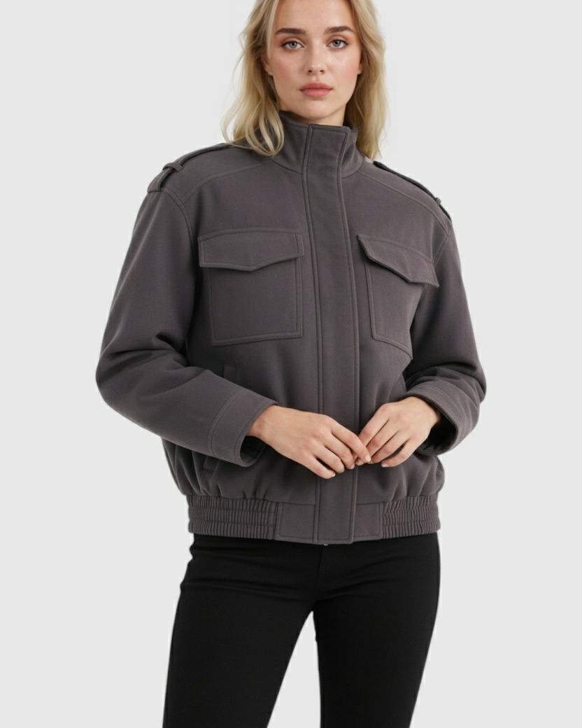 Dark gray Lumina Wear Victoria bomber jacket with stand collar, stylish and trendy for a modern, casual look.