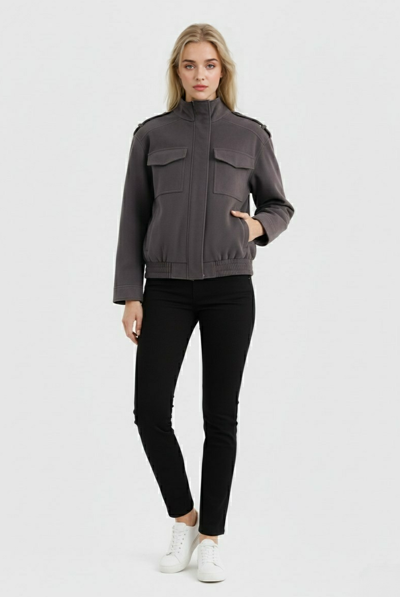 Dark gray bomber jacket with stand collar from Lumina Wear, featuring a stylish fit and modern design.