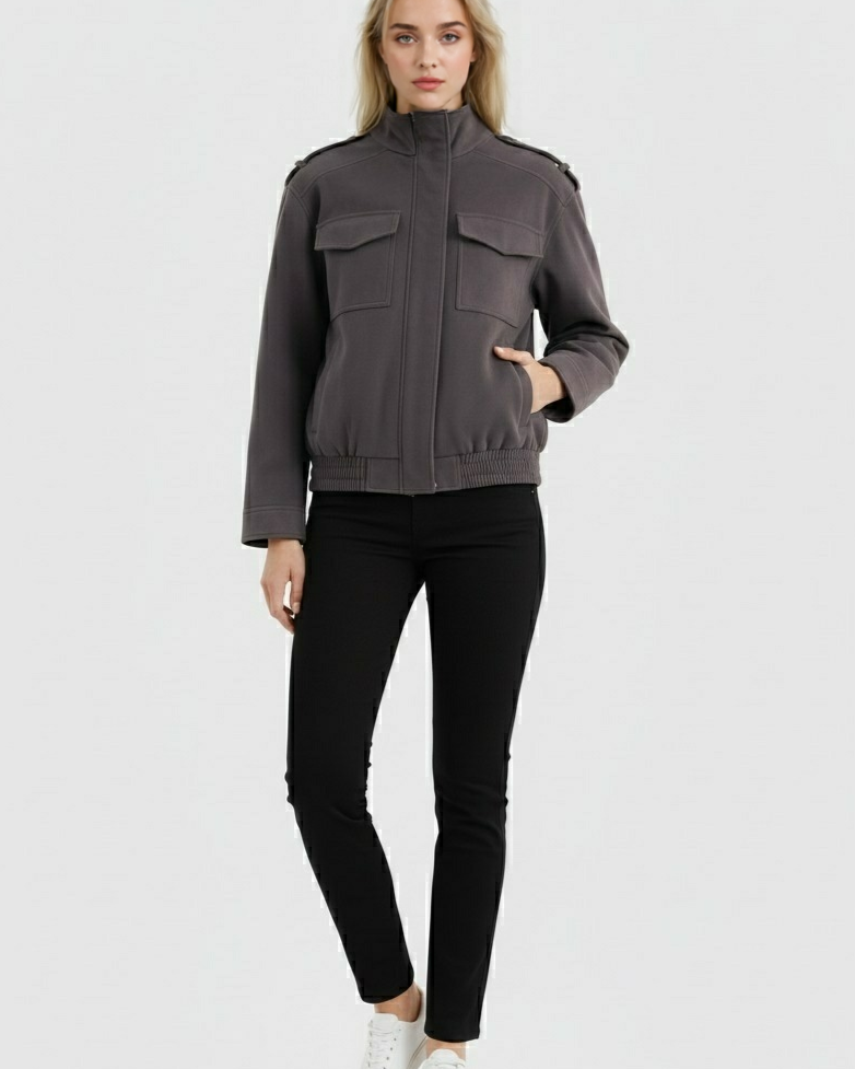 Dark gray Victoria bomber jacket with stand collar by Lumina Wear, stylish and trendy for a modern look.