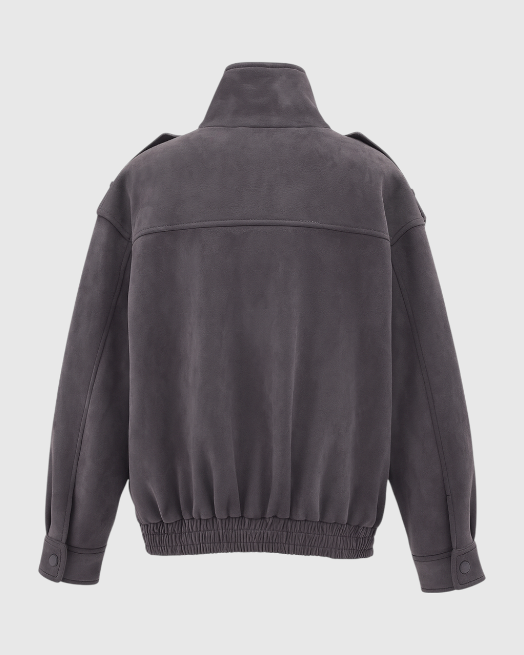 Victoria Lumina dark gray bomber jacket with stand collar, stylish and trendy, featuring a fitted design and sleek fabric.