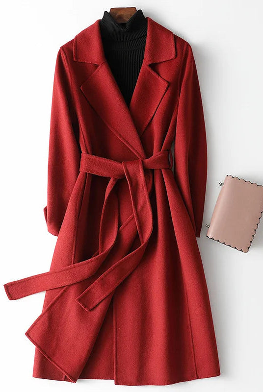 Women's Virginia Wool Coat by Lumina Wear featuring an elegant A-line silhouette and belted design, perfect for sophisticated winter wear.