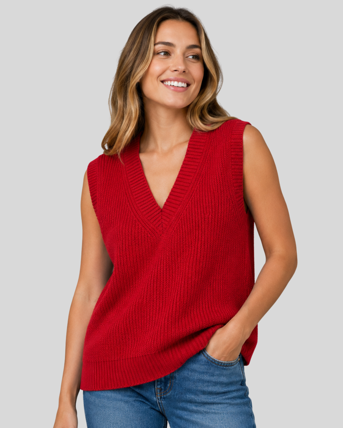 Lightweight ribbed V-neck knit vest by Lumina Wear, relaxed fit, featuring subtle ribbing and casual style.