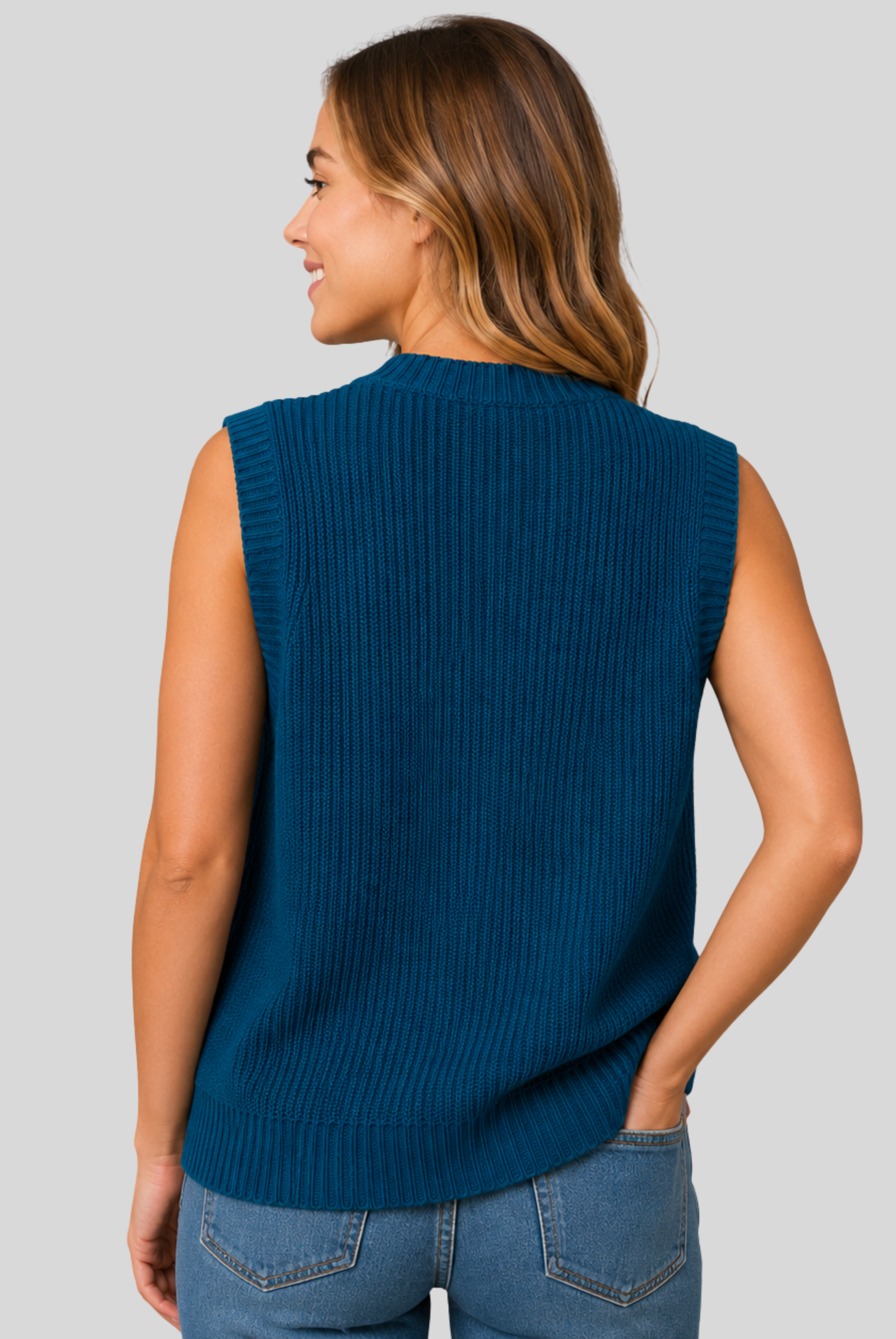 Lightweight V-neck sweater vest with ribbed trims from Lumina Wear's Zaneta collection, displayed on a neutral background.