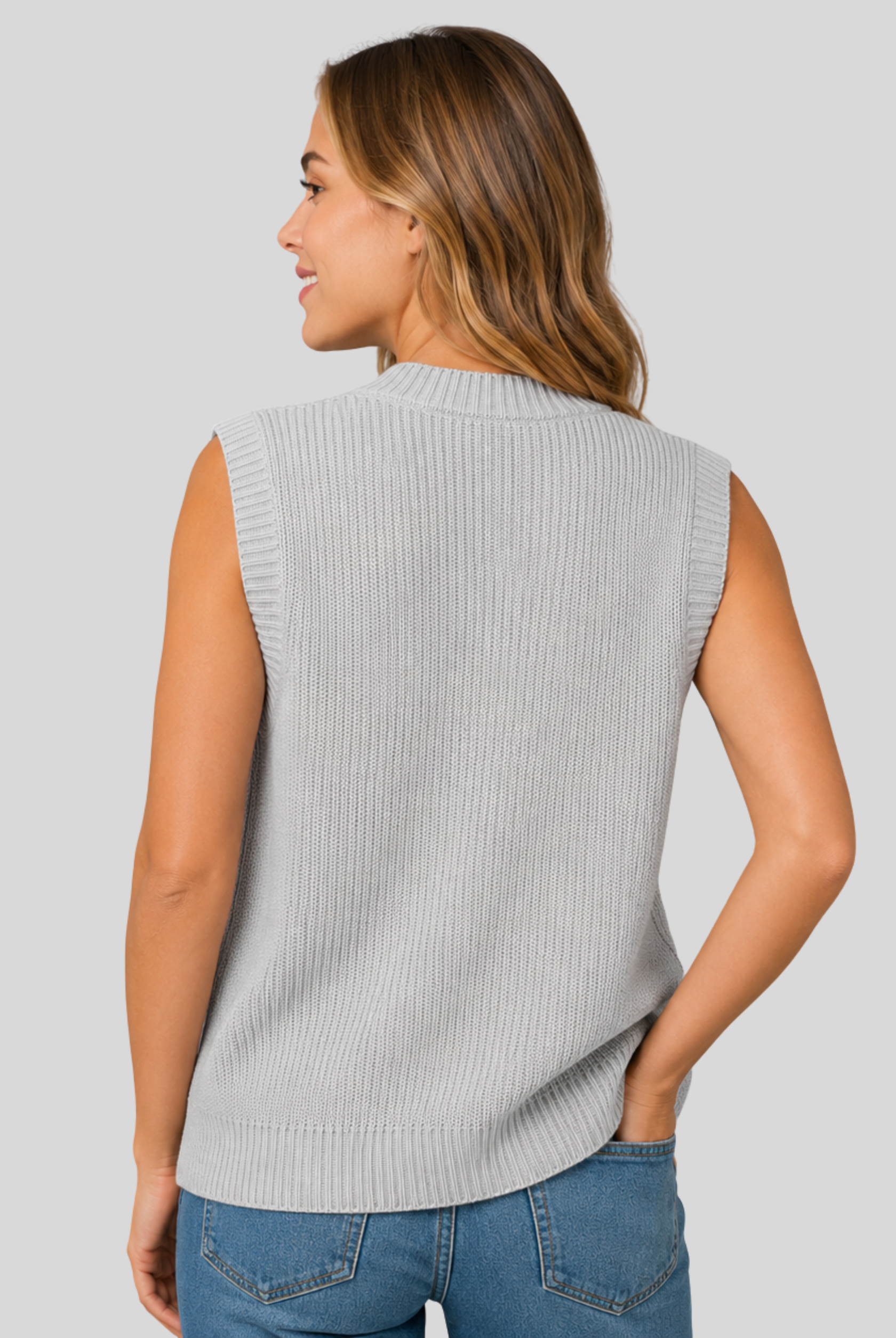 Lightweight V-neck sweater vest with ribbed trims from Lumina Wear, shown in natural fabric with a fitted style.