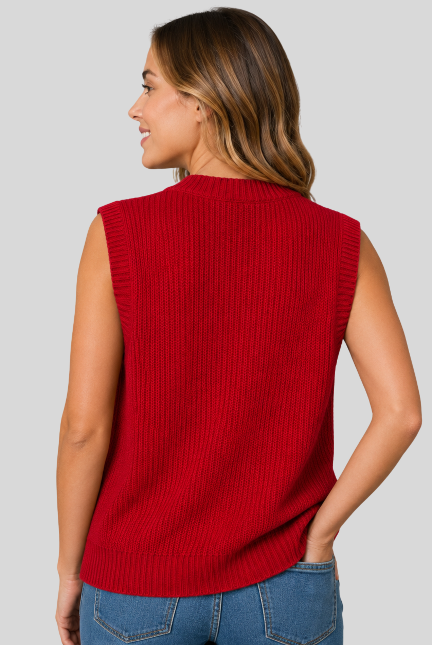Lightweight V-neck sweater vest by Lumina Wear with ribbed trims, displayed on a neutral background.