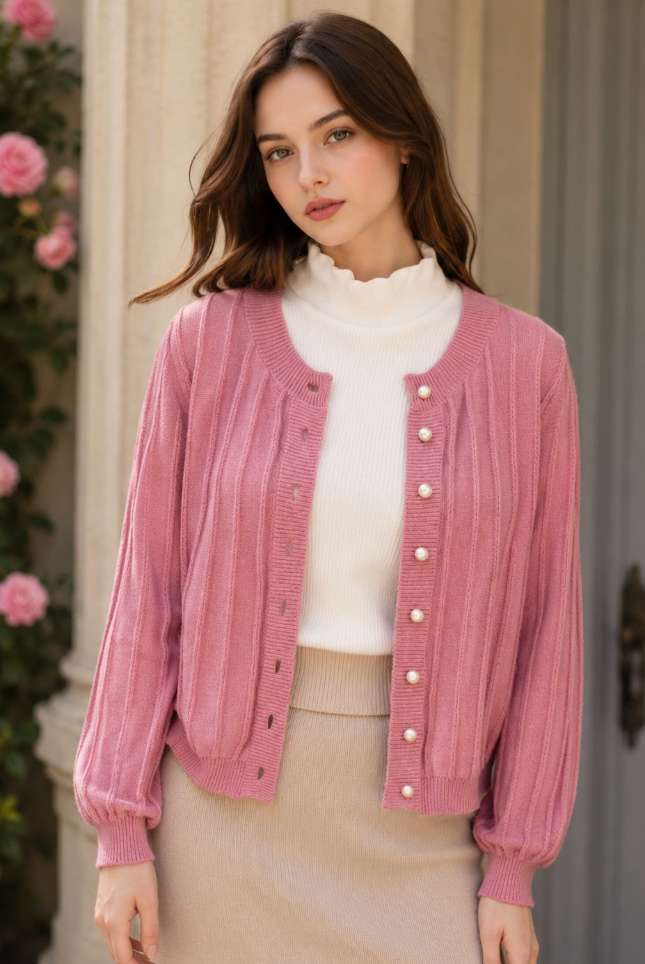 Lumina Wear Sophia pink knit cardigan with open front, cozy sweater featuring soft, textured fabric and long sleeves.