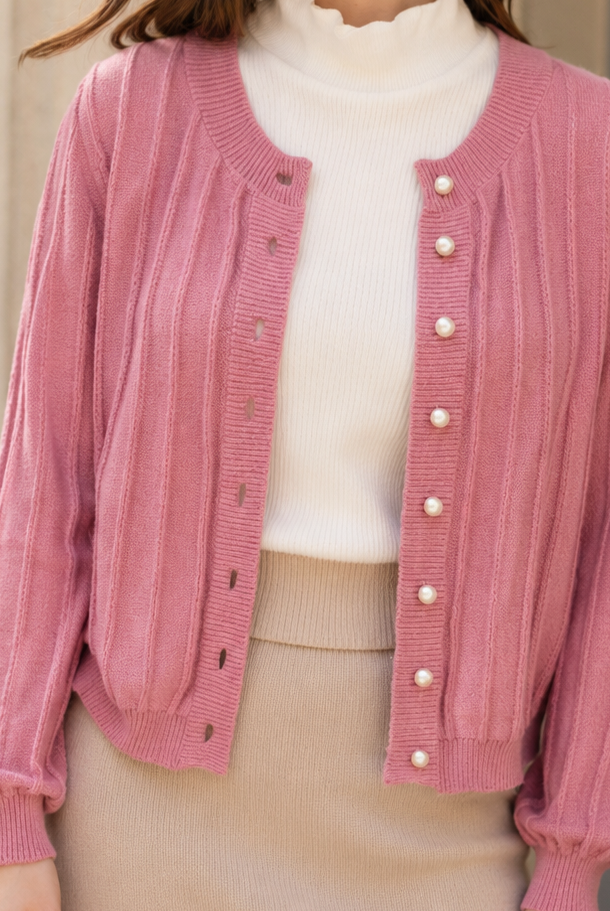 Lumina Wear Sophia cozy pink knit cardigan with open front, soft textured sweater perfect for casual styling.