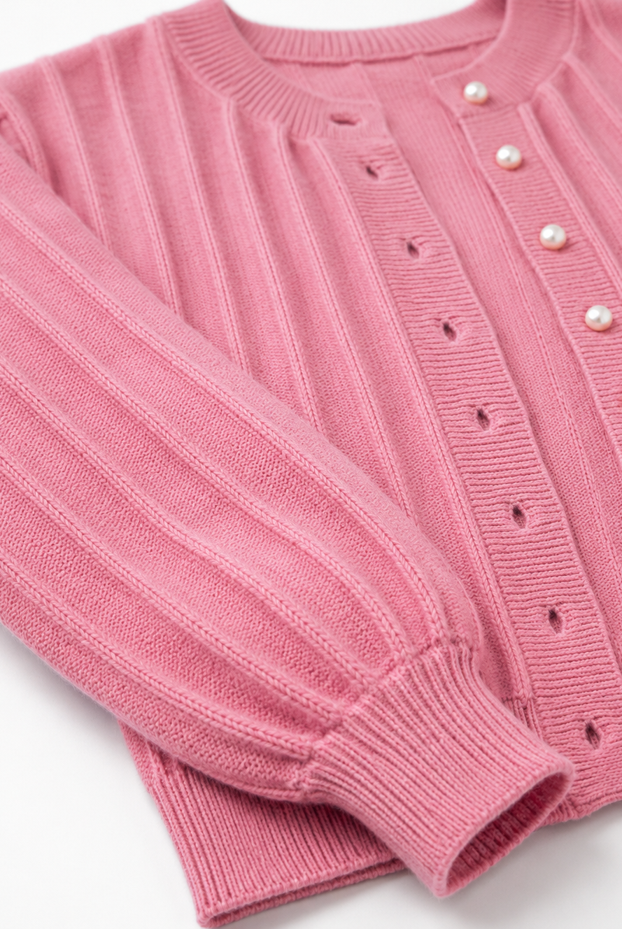 Lumina Wear Sophia cozy pink knit cardigan with open front, long sleeves, and ribbed cuffs, perfect for casual layering.
