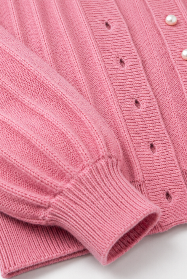 Lumina Wear Sophia pink knit cardigan with open front, cozy sweater featuring long sleeves and a relaxed fit.