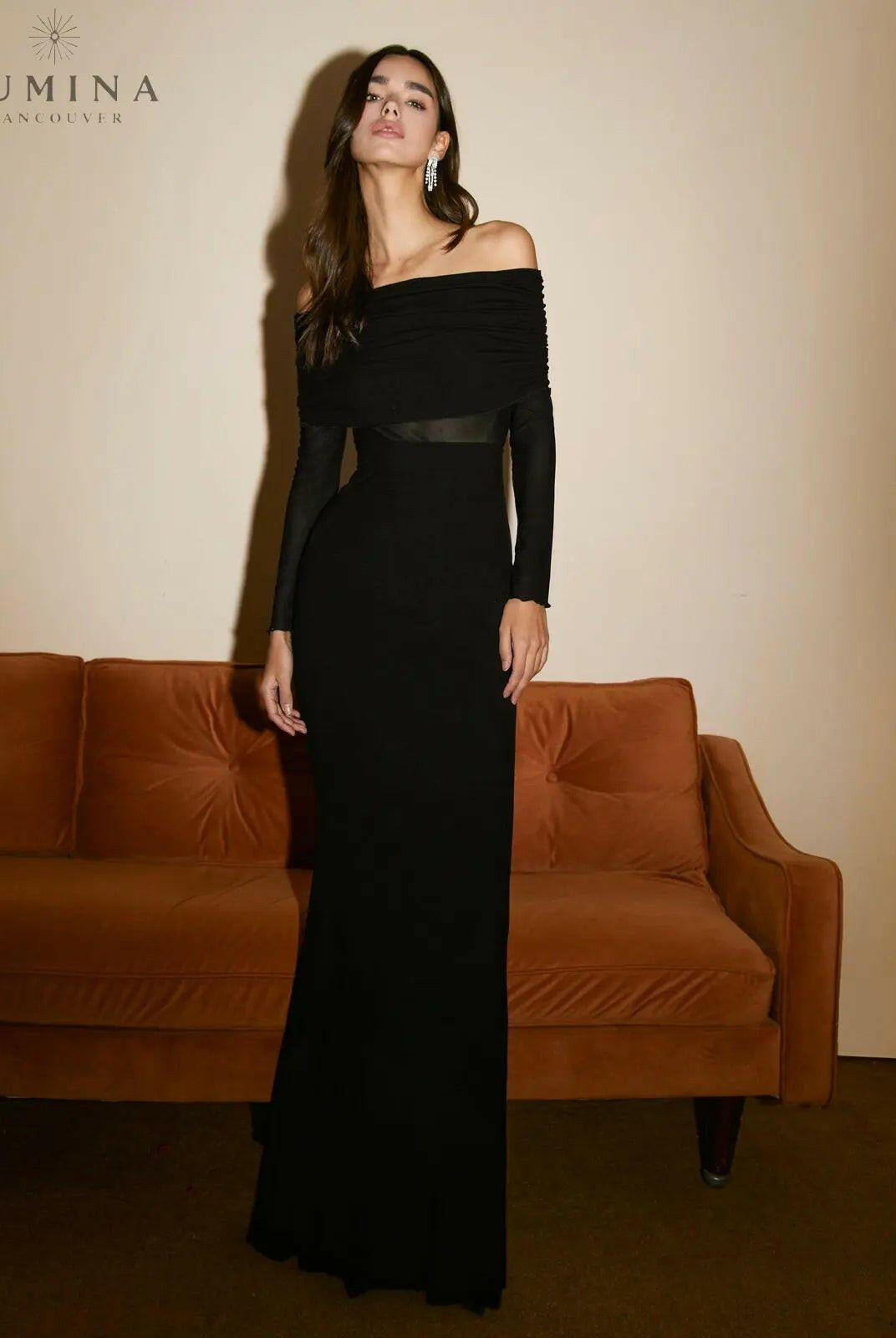Black Abriella off-shoulder mesh maxi dress by Lumina Wear, featuring an overfold design and elegant fall style.