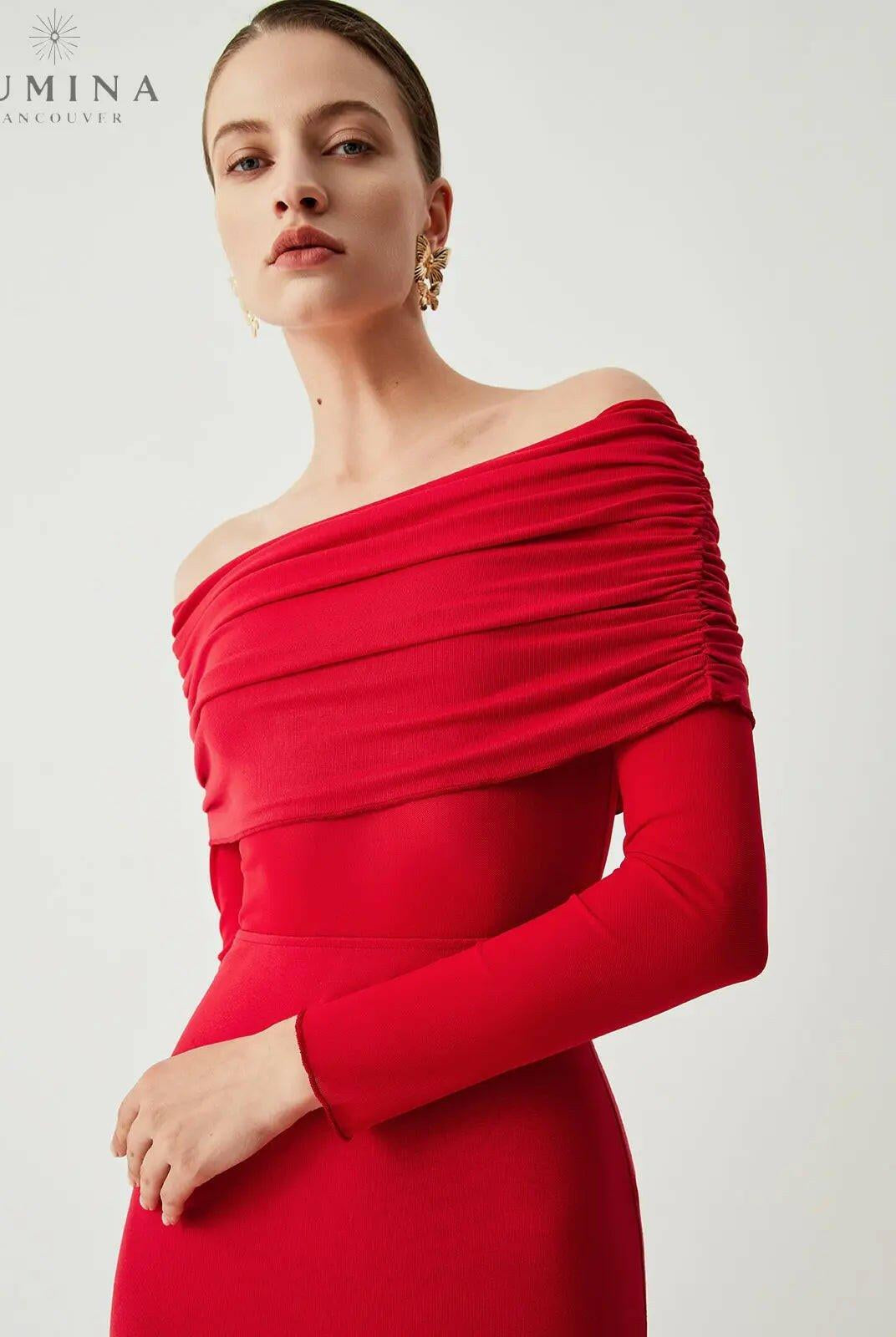 Black Abriella off-shoulder mesh maxi dress by Lumina Wear, featuring overfold design and elegant fall style.