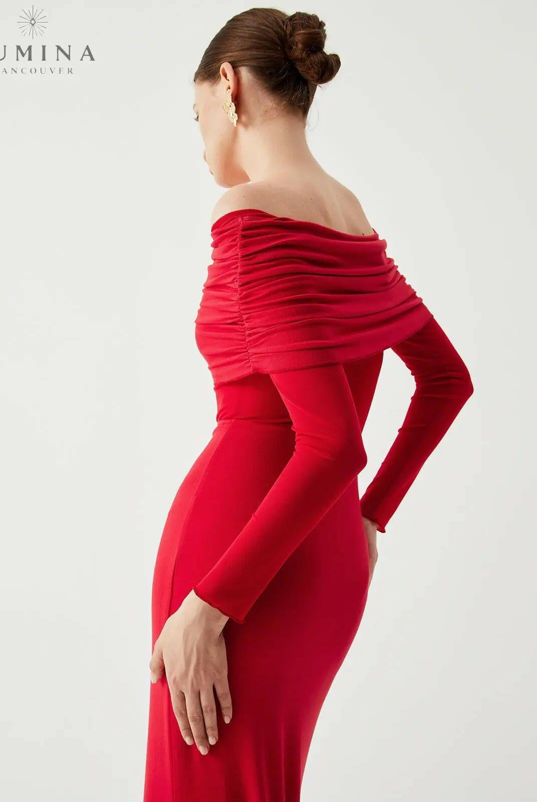 Black Abriella off-shoulder mesh maxi dress by Lumina Wear featuring overfold design, perfect for elegant autumn occasions.