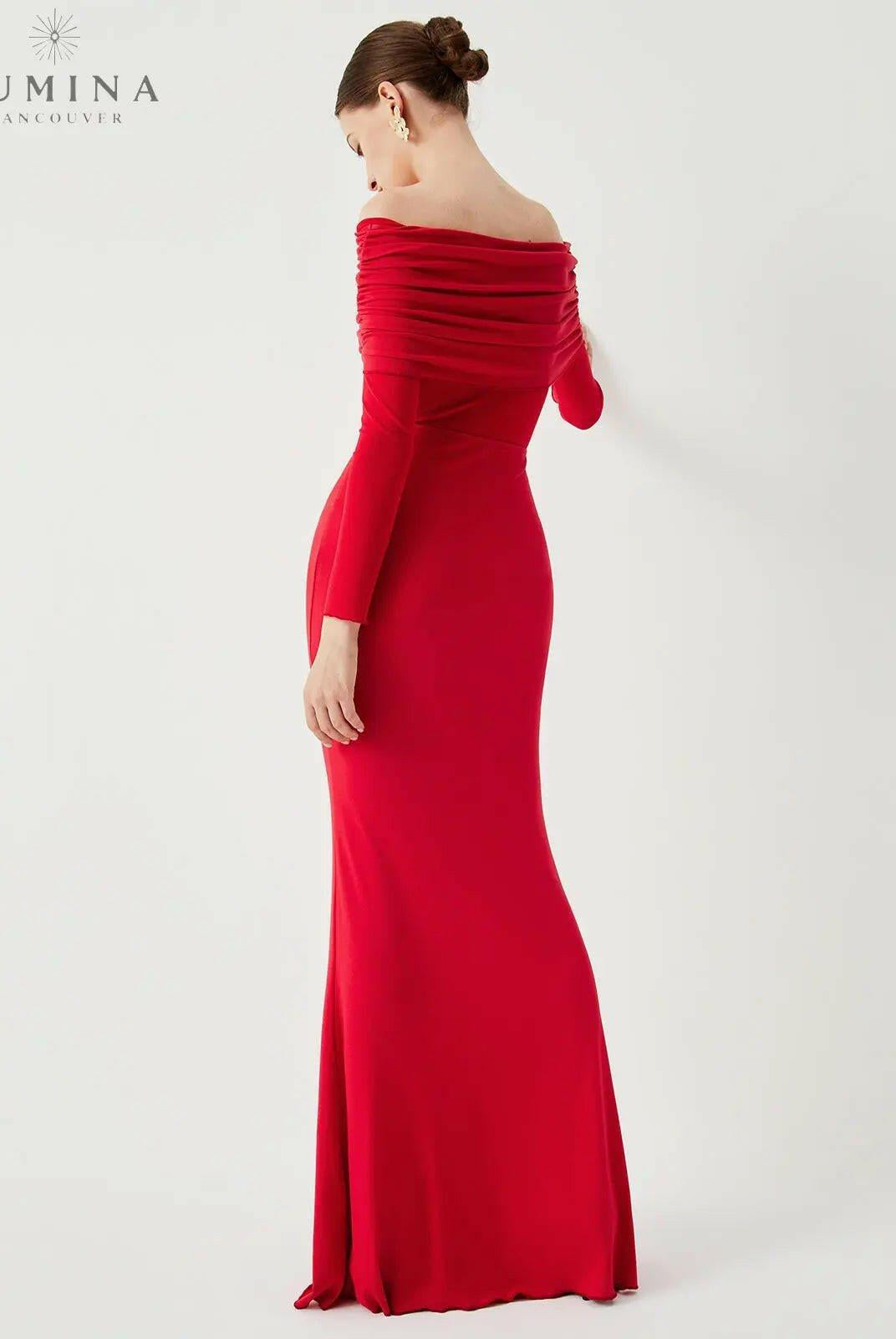 Black Abriella off-shoulder mesh maxi dress by Lumina Wear, featuring overfold design and elegant fall style.