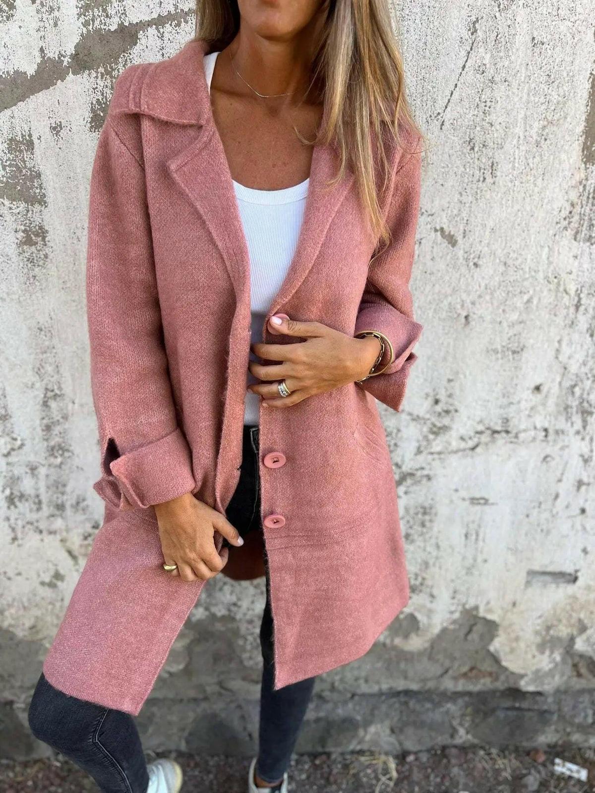Green Ada™ stylish long knit coat by Lumina Vancouver, featuring a cozy, elegant design for cold weather.