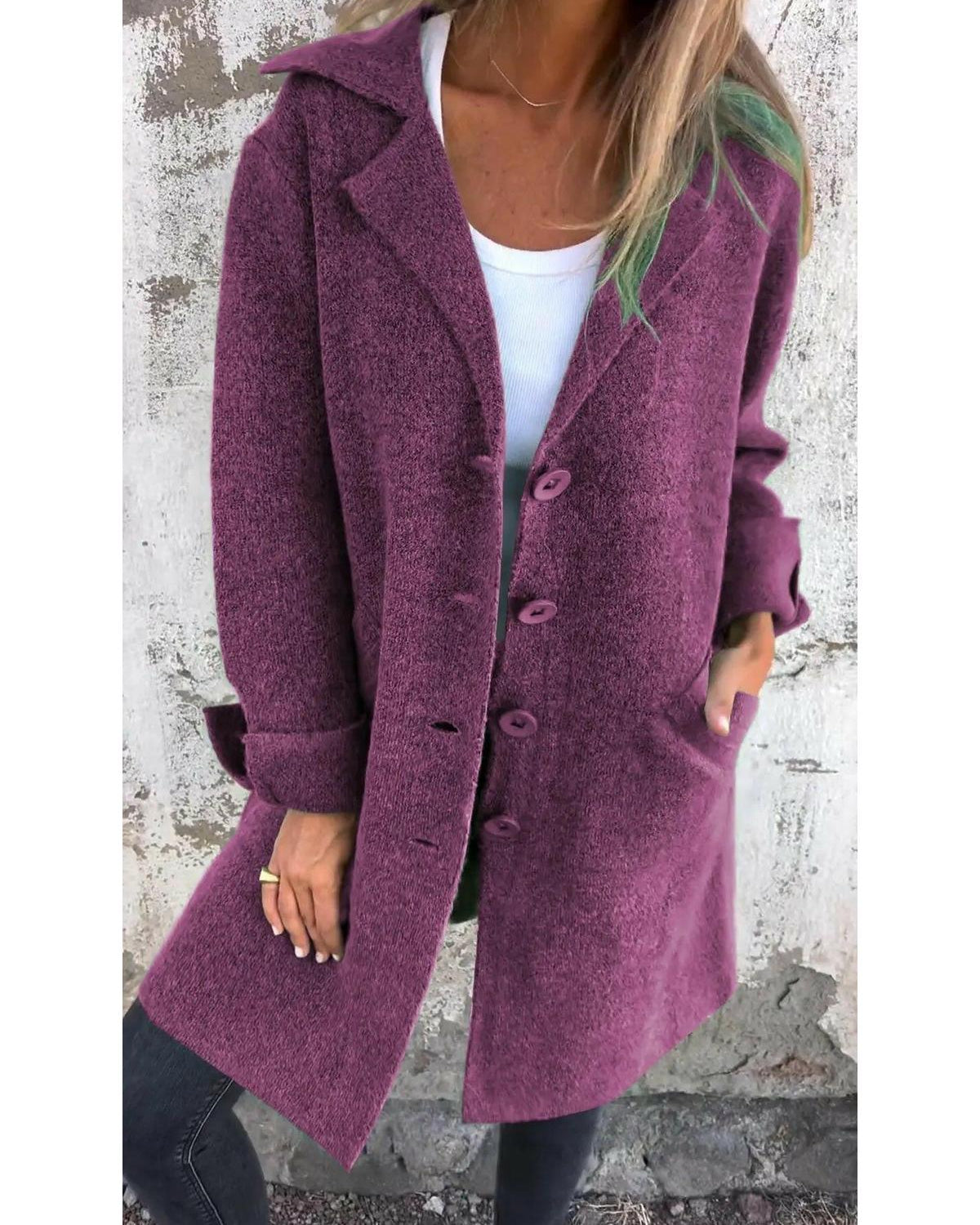 Green Ada long knit coat by Lumina Wear, stylish and cozy outerwear with a detailed knit pattern.