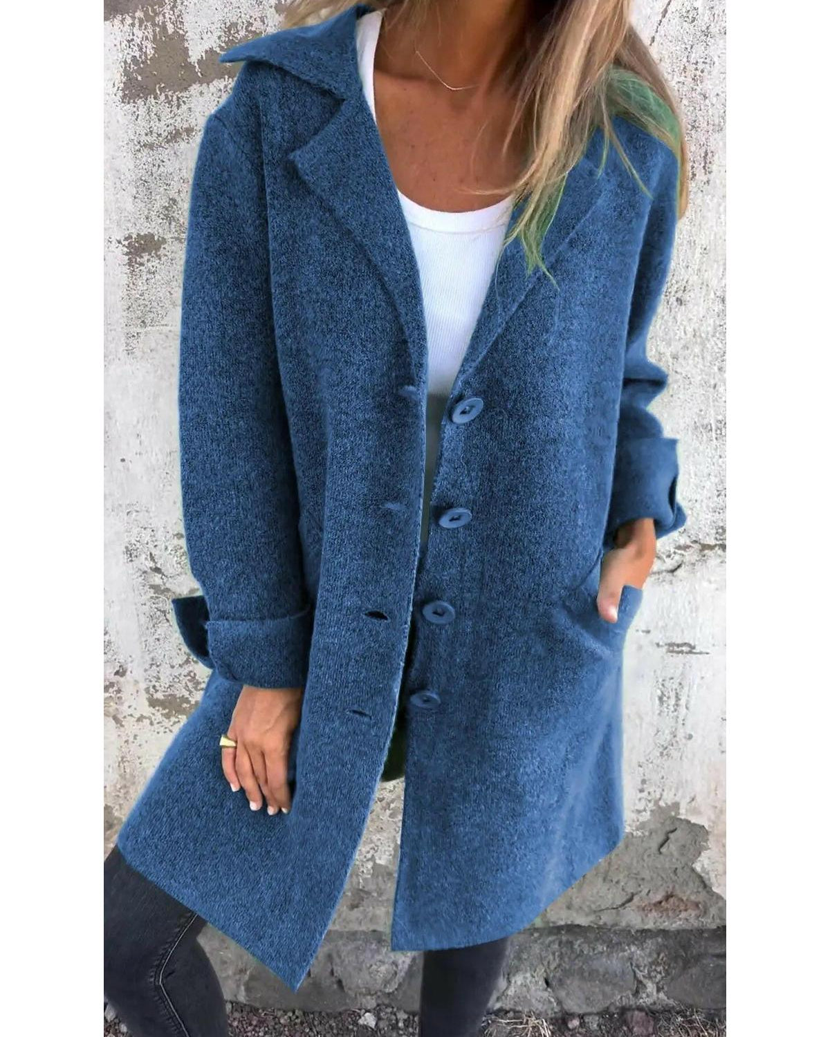 Green Lumina Wear Ada stylish long knit coat with a cozy, fitted design, perfect for cold weather and layered outfits.