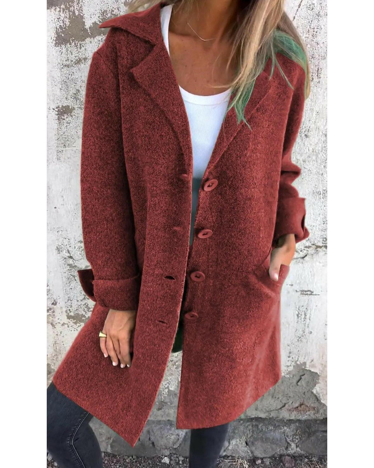 Green Lumina Wear Ada long knit coat with a stylish, cozy design, perfect for layering in cool weather.
