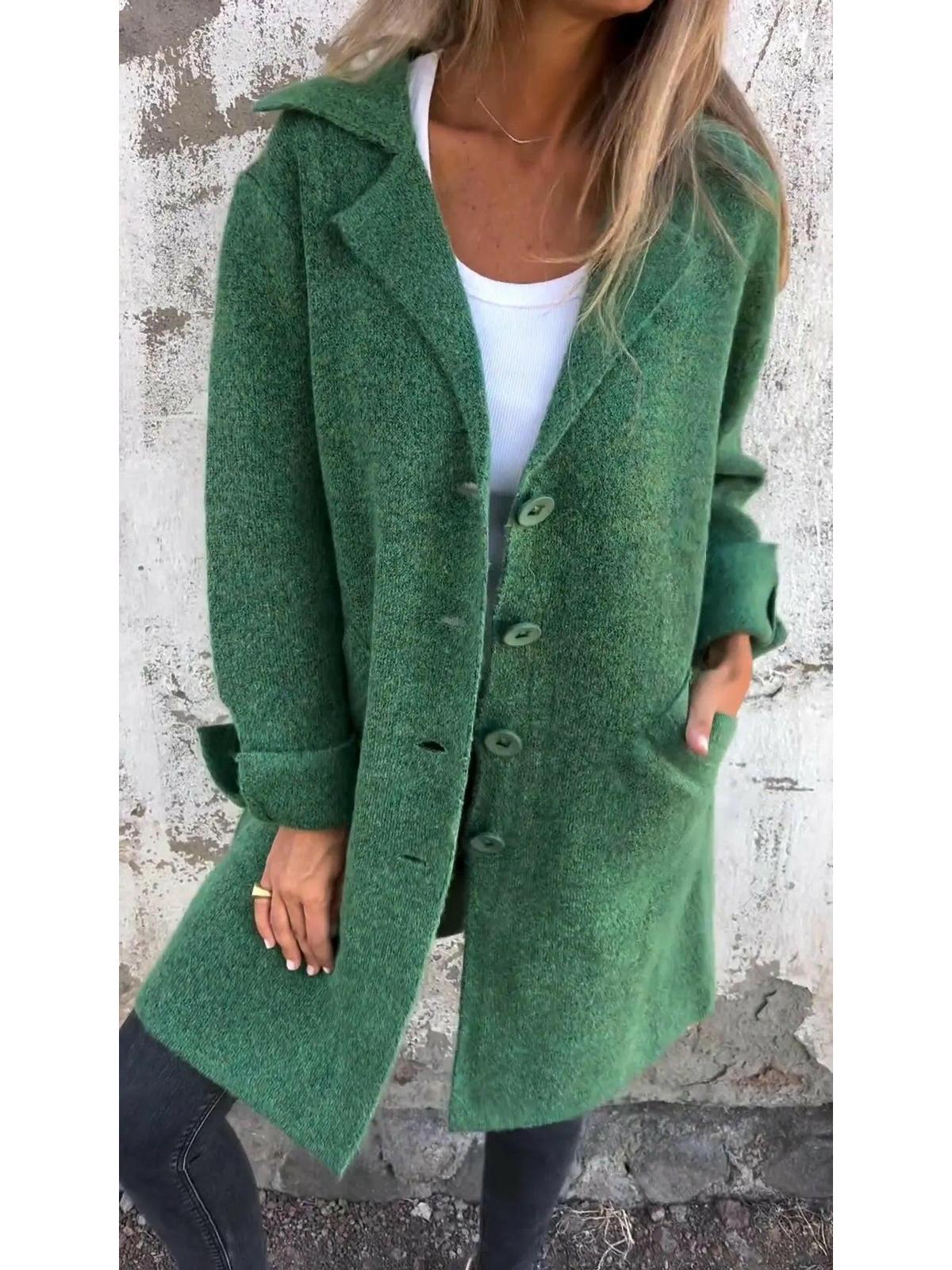 Green Ada™ stylish long knit coat by Lumina Vancouver, featuring a cozy, elegant design perfect for cold weather.