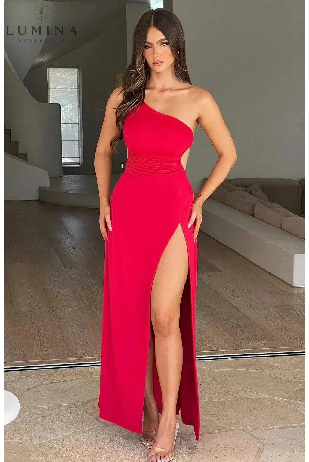 Red Adalyn Maxi Dress by Lumina Wear, stylish floor-length gown perfect for wedding guests, shown on a mannequin.