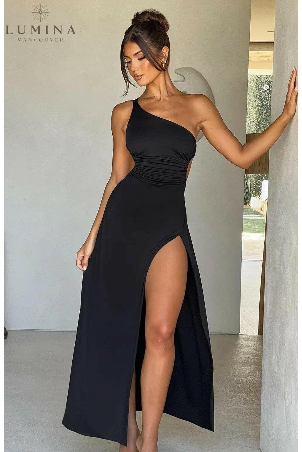 Red Adalyn Maxi Dress by Lumina Wear, featuring elegant design perfect for wedding guests, displayed on a model.