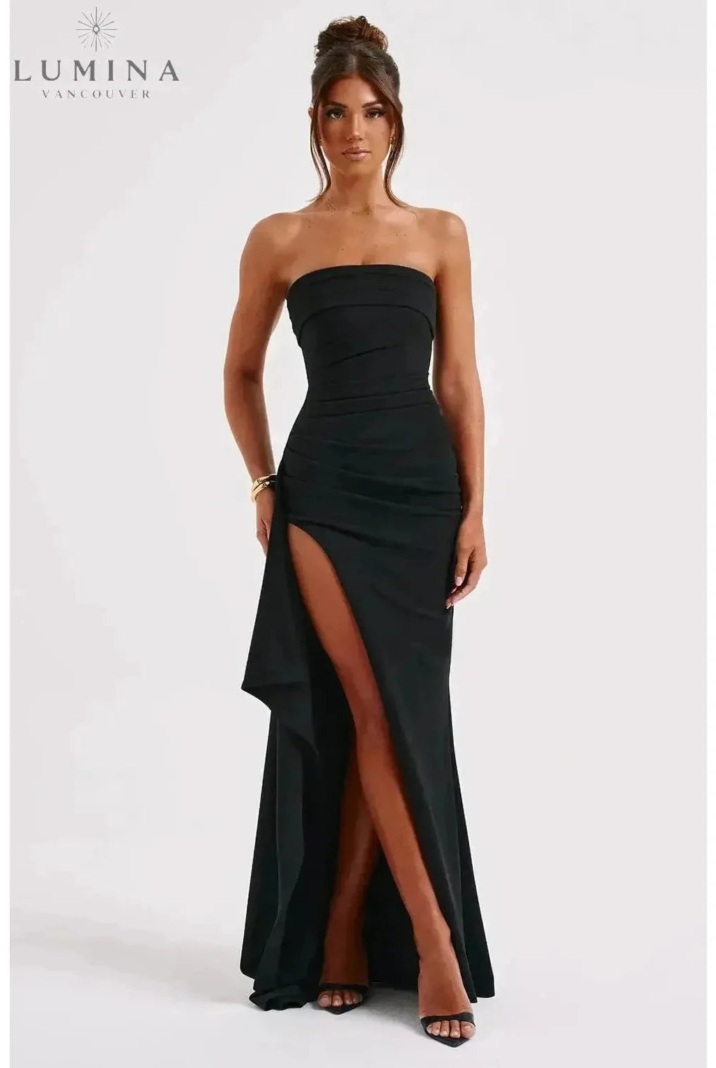 Black Ailiana Radiance Split Dress by Lumina Wear featuring a stylish design and elegant split detail, perfect for evening wear.